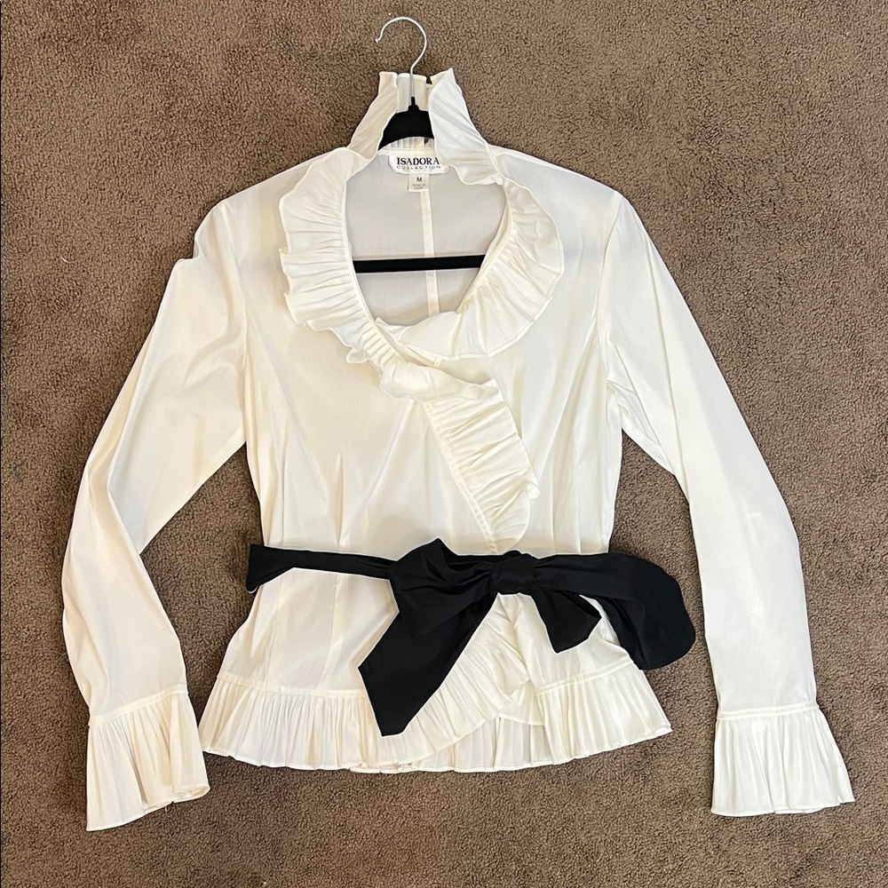 Elegant Ruffle Blouse with Black Sash bow size M evening formal white party